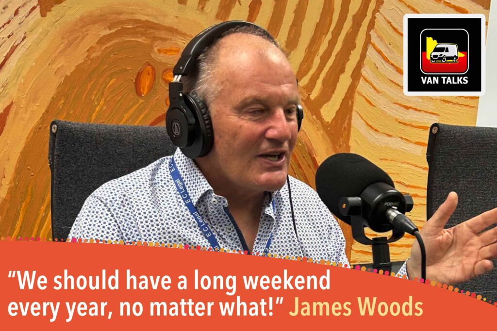James Woods An older man, James Woods, wearing headphones and a patterned blue shirt, speaks into a professional microphone during a podcast. The image includes the "VAN TALKS" logo in the top right and a quote in an orange banner at the bottom that reads, "We should have a long weekend every year, no matter what!" James Woods