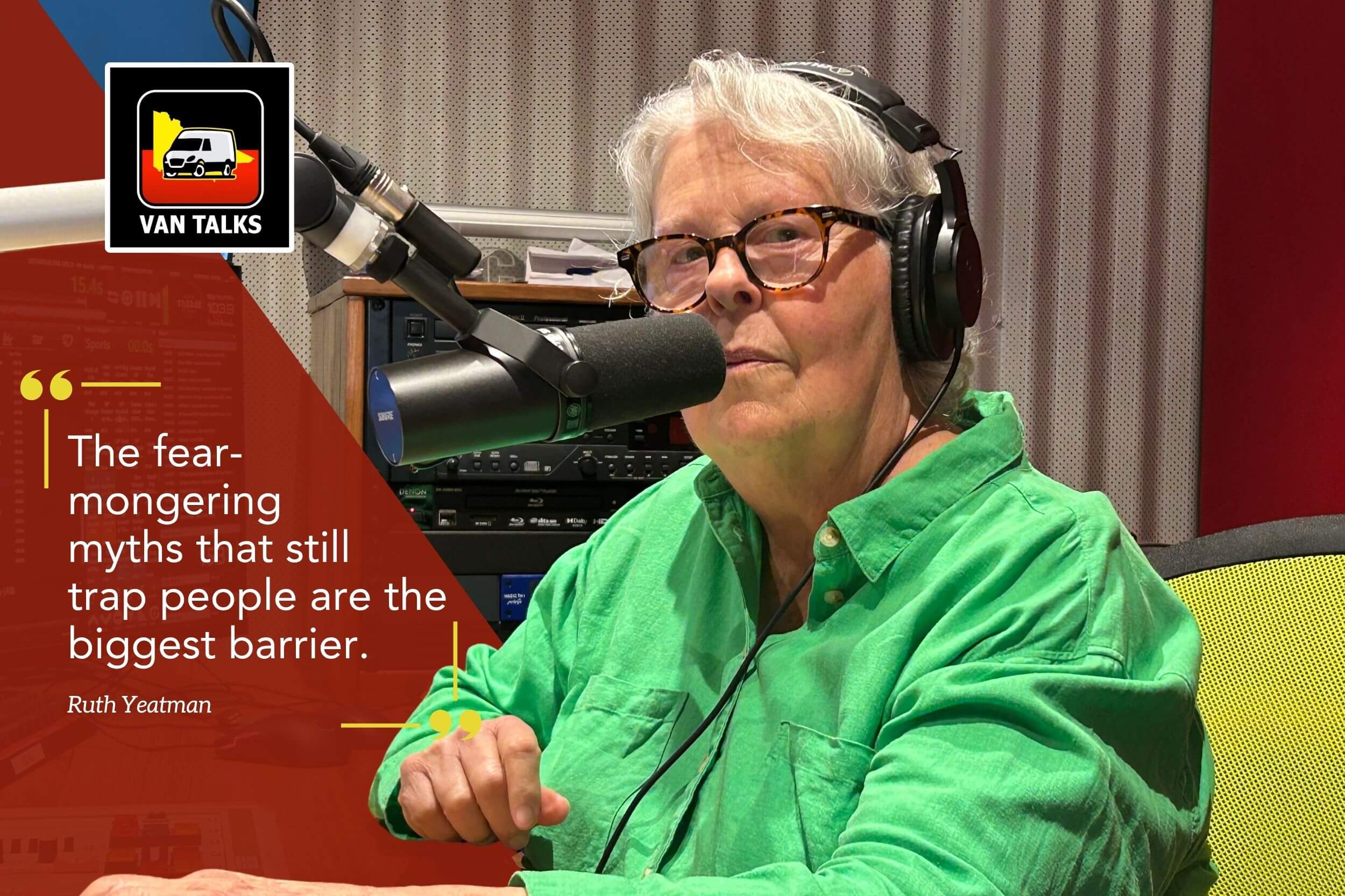 S06-E01 – Ruth Yeatman An image of Ruth Yeatman, a reconciliation activist from Seymour in Victoria. She is sitting at a radio station's production desk about about to speak into a microphone.